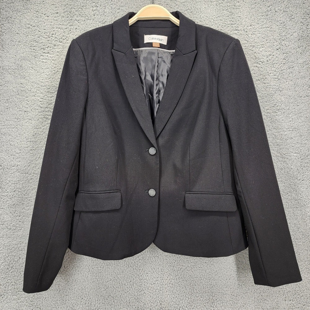 Calvin Klein Womens Black Two Button Notched Lapel Blazer Suit Jacket Size 12